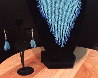 Aqua and blue fringe necklace set