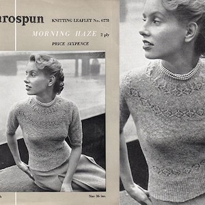 Wzór na sweter w stylu Ranunculus w formacie PDF Biust 36", Ulotka Munrospun 6778 Sweter z koronkowym karczkiem Morning Haze, wiosenny sweter z lat 50.