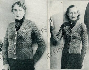 Bust 35" AND 44", Cabelled Quick Knit, 1930s vintage cardigan 30s knitting pattern pdf