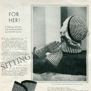 May include: A knitting pattern for a striped hat, scarf, and gloves. The pattern uses white and blue yarn and includes instructions for working in stripes.
