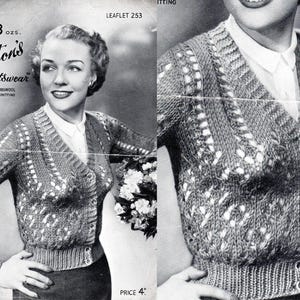 Lawtons Ulotka nr 253, Vintage 40s Lace knit cardigan, Biust 32"-33", Lawton's Sportswear 3-ply Double Knitting, wzór pdf do robienia na drutach
