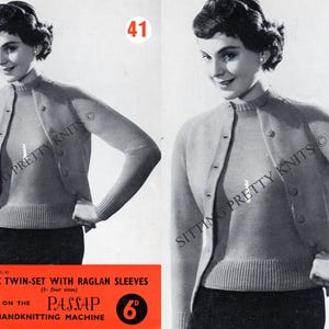 May include: A vintage knitting pattern for a classic twin-set with raglan sleeves. The pattern is for use on the Passap M.201 handknitting machine. The pattern is printed on a white background with black text and a red border. The pattern number is M301/41 and the price is 6d.
