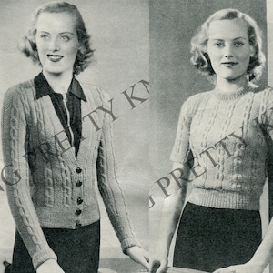 Mock Cable Twin Set 30s Knit Cardigan and Sweater, Bust 35&quot;, Vintage 1930s PDF Knitting Pattern