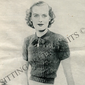 1930s Vintage Sweater Digital Knitting Pattern, Darling Diamonds, Bust 34" - 36", Short Sleeves with Necktie