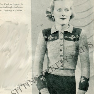 1930s Fabulous Vintage Fair Isle Cardigan Style Sweater, Digital Knitting Pattern, Bust 35"