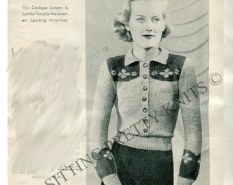 1930s Vintage Fair Isle Cardigan Sweater Knitting Pattern, 35" Bust (Digital Download)