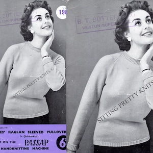 60s Vintage Knitting Machine Pattern, Passap 198 Machine Knitting Pattern Ladies Raglan Sleeved Pullover Jumper Sweater, Size 36&quot; - 38&quot; Bust
