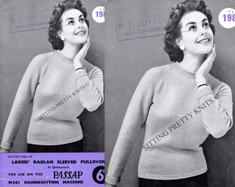 Può includere: Un modello di maglia vintage per un pullover a maniche raglan. Il modello è per l'uso su una macchina per maglieria a mano Passap M201. Il modello è di Sitting Pretty Knits e ha il numero M201/198.