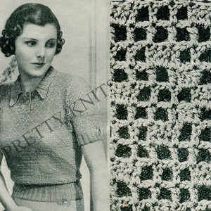 RARE Filet Crochet Lace 1930s Vintage Sweater Pattern, Bust 37&quot;, 30s Knitting Pattern Crochet Pattern PDF