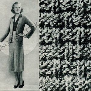 May include: A black and white photo of a woman wearing a knitted cardigan and skirt. The cardigan has a textured pattern and the skirt is a plaid pattern. The woman is holding a hat in her left hand. The photo is from a vintage knitting pattern.
