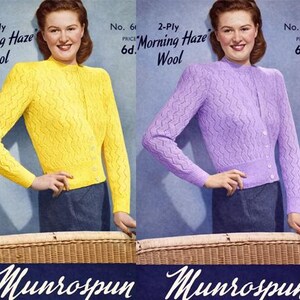 May include: Vintage advertisement featuring two women wearing knitted cardigans. One is yellow, the other is purple. The cardigans have a textured pattern and button closures. The text reads "2-Ply Morning Haze Wool" and "Munrospun".