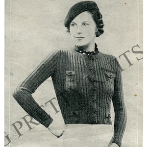 Bust 34&quot; - 36&quot;, Sporting Woolly Pattern 1930s sweater jacket vintage 30s knitting pattern pdf