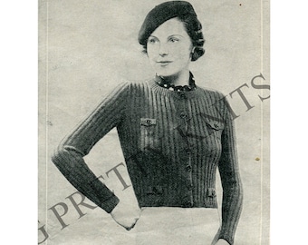 Bust 34" - 36", Sporting Woolly Pattern 1930s sweater jacket vintage 30s knitting pattern pdf
