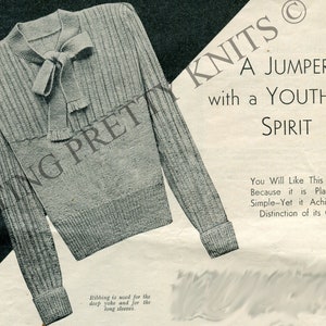 Women's 1930s Knitted Sweater with cute necktie, Bust 35", Vintage Sweater PDF Knitting Pattern