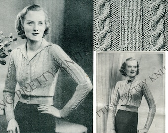1930s Cable Knit Cardigan Pattern, Bust 35-38" (PDF Pattern)