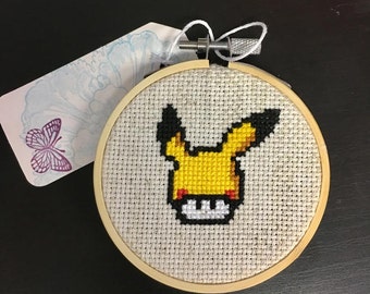 Mario Mushroom in Pikachu Hat Cross Stitch Completed Item