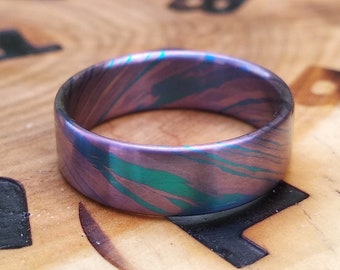 Mokuti timascus ring, Unique and special gift, Width 5 mm, titanium damascus band, ready to ship, only one size 6US