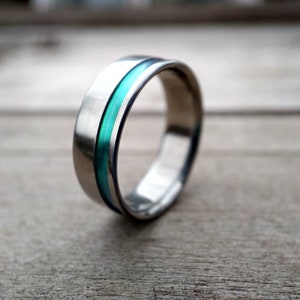 Minimalist titanium ring, Wedding Band, anodized finish,  Green Groove, anniversary gift, Width 6 mm, Promise, Friendship Ring