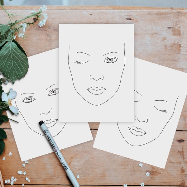 Drei Face Charts mit offenen und geschlossenen Augen. Anfängerfreundliche Rohlinge zum Schminken. Make Up Artist Vorlagen JPG PDF