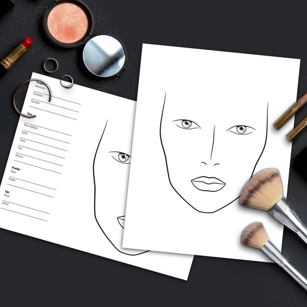 Face Chart or MakeUp Chart. Printable Make Up Artist Practice Sheets. Digital Instant Download Blank Face Template PDF JPG