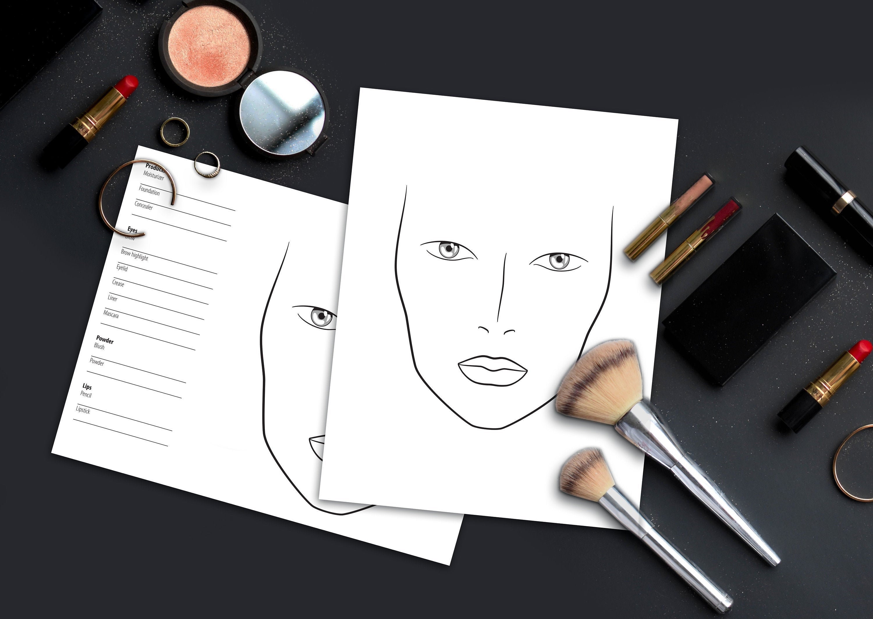 Makeup Face Chart, Face Chart Practice Sheets, Printable Make up