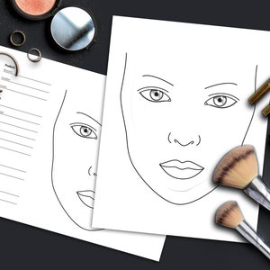 Gráfico facial para práctica de maquillaje. Hojas de práctica imprimibles para maquilladores. Descarga instantánea de plantilla de cara en blanco PDF JPG