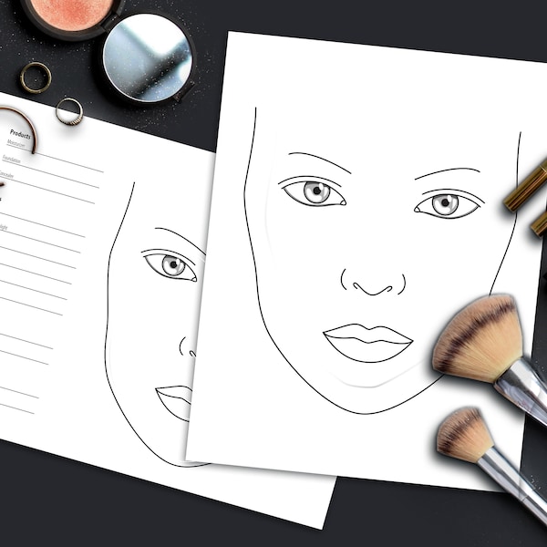 Face Chart for Make Up Practice. Printable Makeup Artist Practice Sheets. Instant Download Blank Face Template PDF JPG