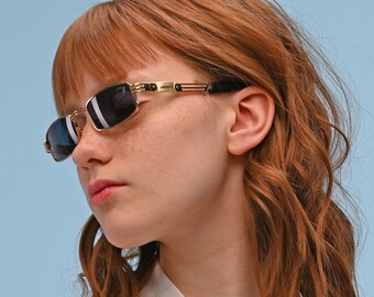 Lozza Women Vintage Sunglasses Gold Tone Frame Eye Wear Made in Italy Lozza Golden Rectangular Sunglasses, Made in Italy - Etsy main image 3