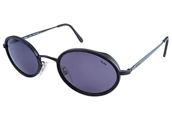 Lozza Vintage Oval Sunglasses: Black Metal Frame, Blue Lens, Made in Italy