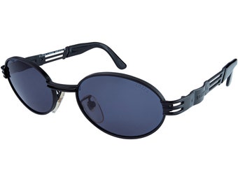 Lozza Vintage Oval Sunglasses: Black Metal Frame, Blue Lens