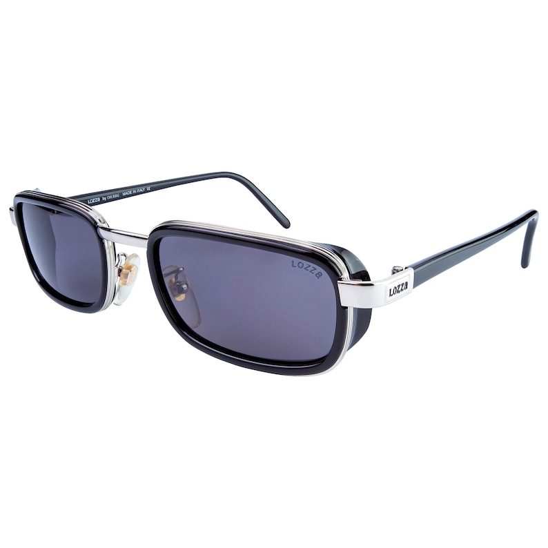 May include: Black sunglasses with a silver frame and black lenses. The sunglasses have a Lozza logo on the side.