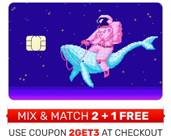 Credit Card Skin, Sticker, Cover - Astronaut Riding a Whale Pixel Art