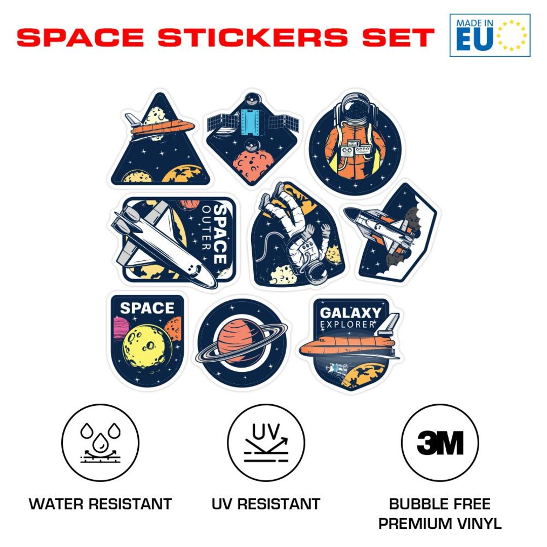 Stratosphere Sticker Space Stickers Set 9 Pieces - Planets, Astronaut, Sattelite, Laminated ...