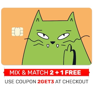 Piel de tarjeta de crédito, pegatina, cubierta - Gato divertido volteando el dedo gruñón, cubierta de tarjeta de débito, pegatina de tarjeta de crédito