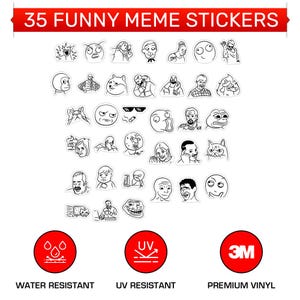 Könnte beinhalten: Eine Sammlung von 35 schwarz-weißen Meme-Aufklebern mit verschiedenen Cartoon-Gesichtern und -Figuren. Die Aufkleber sind wasserfest, UV-beständig und aus hochwertigem Vinyl. Der Text "35 FUNNY MEME STICKERS" befindet sich oben.