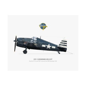 May include: Illustration of a Grumman F6F-5 Hellcat aircraft in dark blue with white star and stripes. The plane has a propeller and the number 65 on the tail. The Grumman logo is at the top.