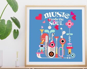 Mid Century Music Lovers Print, Music Feeds The Soul Poster, Art moderne vintage abstrait coloré, années 1960, 1970