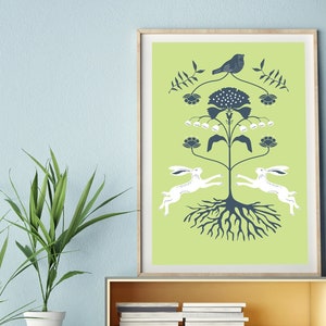 Rabbits Folk Style Cottagecore Nature Illustration, Botanical With Rabbits and  Bird Print, Spring Green