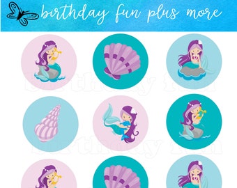 PRINTABLE Mermaid Cupcake toppers, digital mermaid rounds, instant download printable mermaid, mermaid birthday party, mermaid decorations