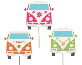 60s 70s theme party decorations, hippie van retro cupcake toppers, vintage food picks, decade party decor, love peace music cake topper