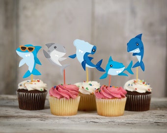 Shark cupcake topper, Baby shark party decorations, baby shower, food picks, shark cake topper, pool party, ocean theme, under the sea