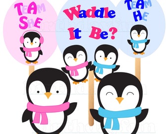 Waddle It be centerpieces PRINTABLE, instant download gender reveal decorations, Penguin gender reveal party decorations, digital download