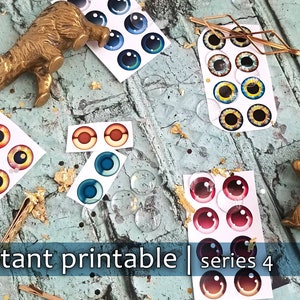 May include: Six sheets of printable googly eyes in various colors and patterns, including red, orange, yellow, blue, and green. The sheets are labeled "instant printable | series 4".