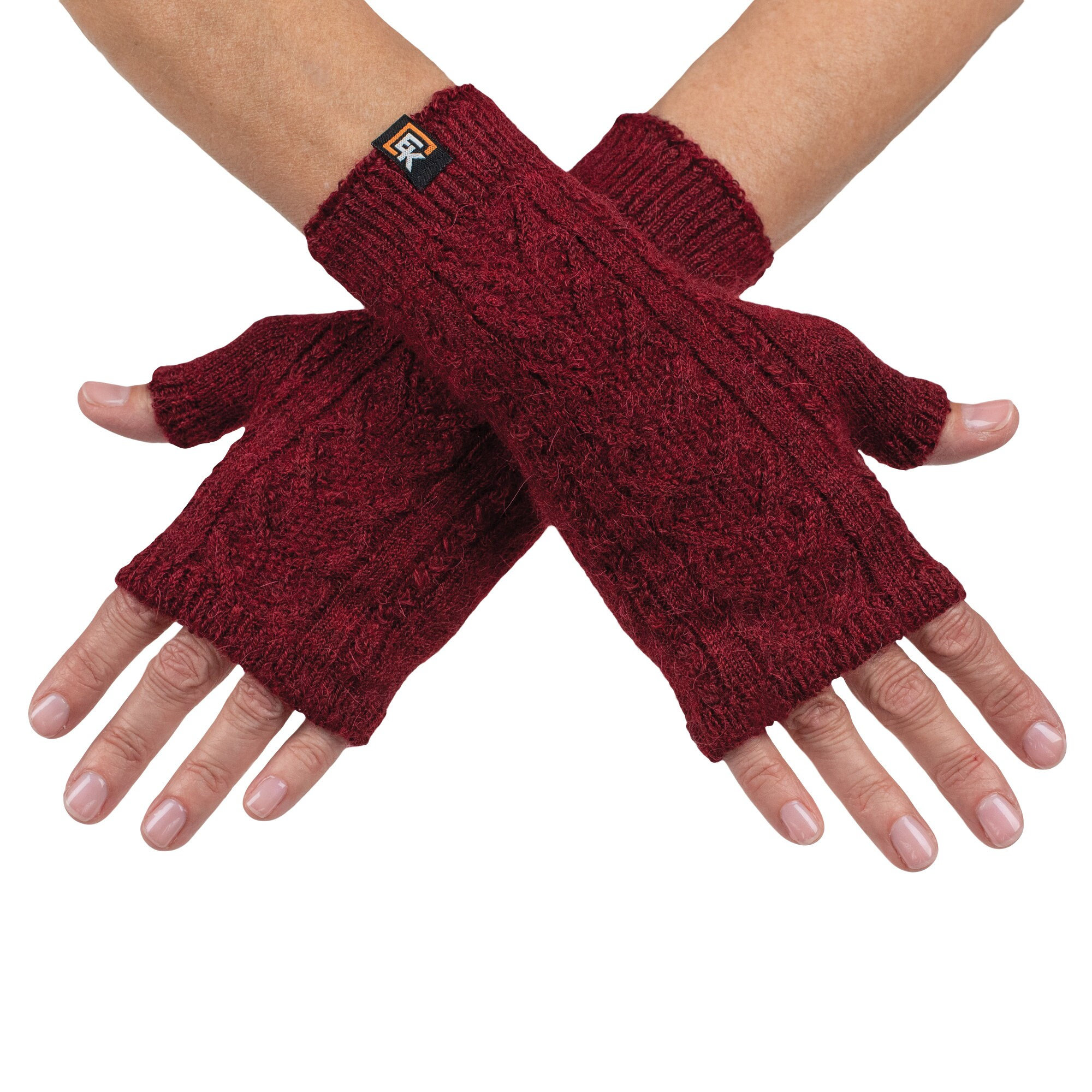 Alpaca Cable Knit Fingerless Mittens - Made in the USA - Super Soft Baby Alpaca - Small - Burgundy