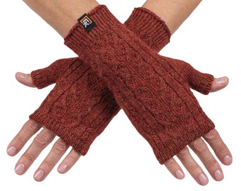 Alpaca Cable Knit Fingerless Mittens - Made in the USA - Super Soft Baby Alpaca - Small - Copper