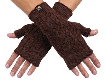 Alpaca Cable Knit Fingerless Mittens - Made in the USA - Super Soft Baby Alpaca - Small - Harvest Brown