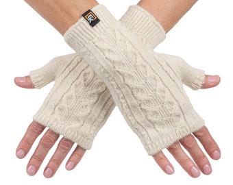 Alpaca Cable Knit Fingerless Mittens - Made in the USA - Super Soft Baby Alpaca - Small - Natural