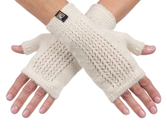 Alpaca Mesh Knit Fingerless Mittens - Made in the USA - Super Soft Baby Alpaca - Small - Natural