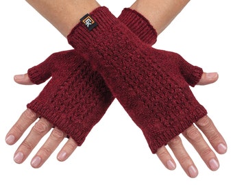 Alpaca Mesh Knit Fingerless Mittens - Made in the USA - Super Soft Baby Alpaca - Small - Burgundy