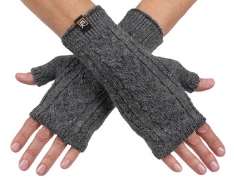 Alpaca Cable Knit Fingerless Mittens - Made in the USA - Super Soft Baby Alpaca - Small - Grey